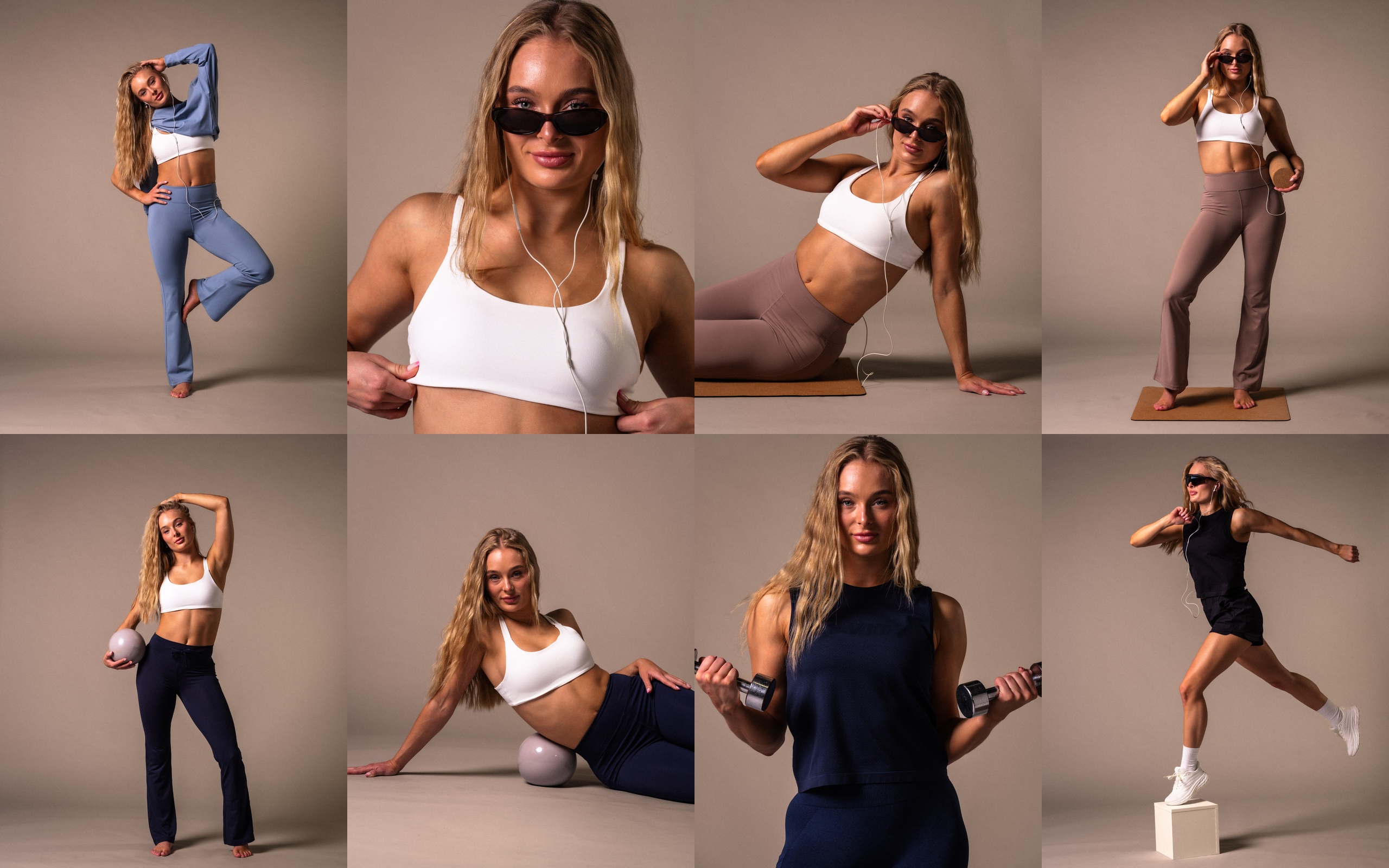 Eight-photo fashion collage showing blue, taupe and navy activewear, full-length poses and close-up portraits