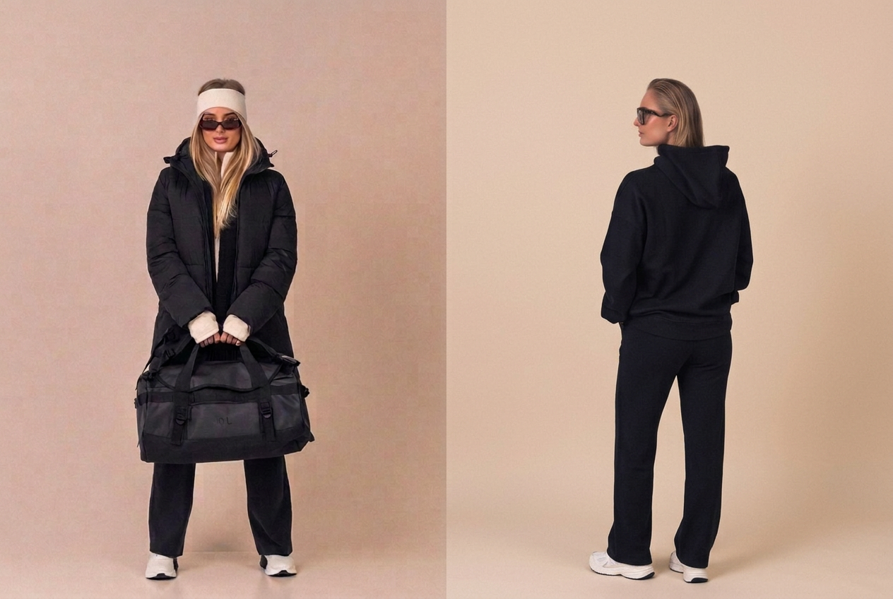 Two full-length fashion portraits on warm beige backgrounds